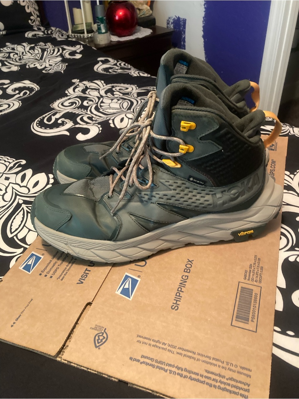 Hoka Olive Green Mid-Top Hiking Shoes with Yellow Accents